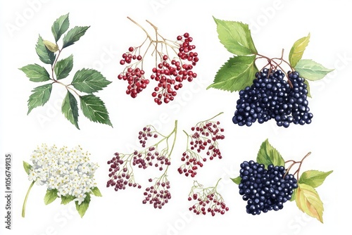 Fototapeta Naklejka Na Ścianę i Meble -  Vibrant Watercolor Elderberries and Flowers