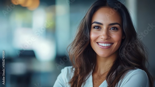 Professional Portrait of a Smiling Latinx Marketing Manager: Engaged, Confident, and Vibrant in Professional Attire with Soft Focus Background.