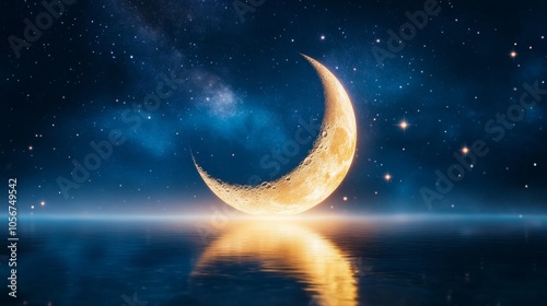 Serene crescent moon reflecting on tranquil waters at night