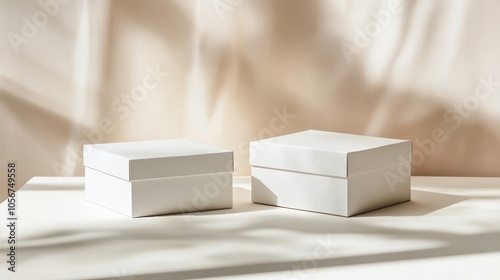 Two empty white mockup boxes Small cardboard containers displayed on a light backdrop photo