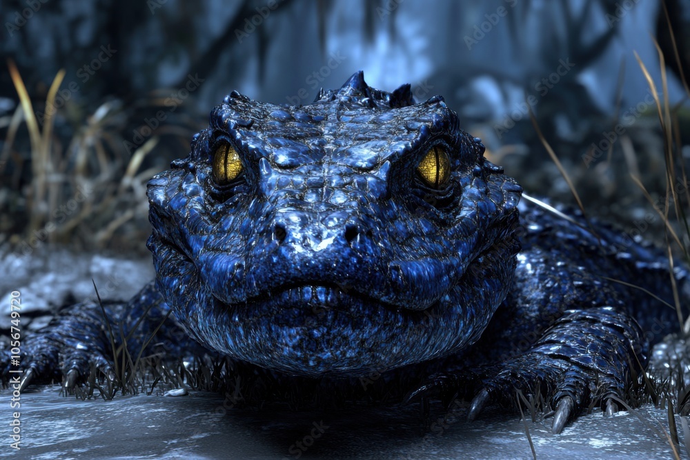 Fototapeta premium Blue Crocodile in a Mysterious Nocturnal Environment, A Lunar Explorer of the Night, Exotic Reptile in the Shadows