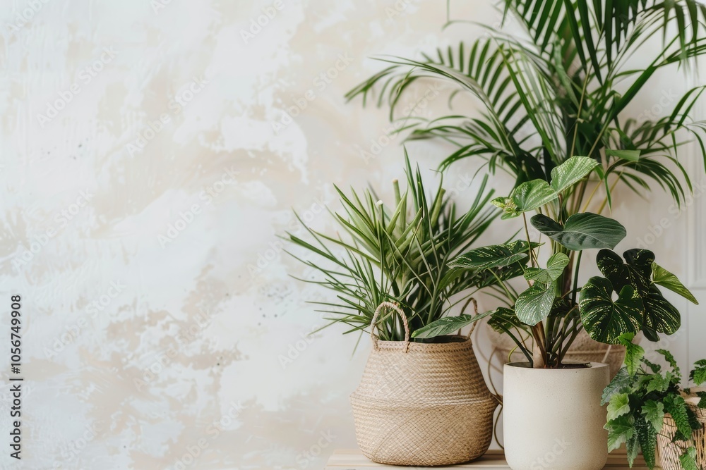 Fototapeta premium A collection of stylish indoor plants in modern pots placed against a textured wall, perfect for home decor and interior design inspiration.