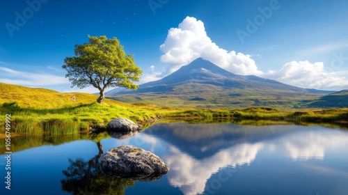 Serene mountain landscape with reflective pond and lone tree