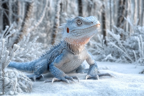 Blue-Scaled Lizard in a Frozen Wilderness An Exotic Reptile in a Cold, Icy Atmosphere, Stunning Wildlife Photography photo