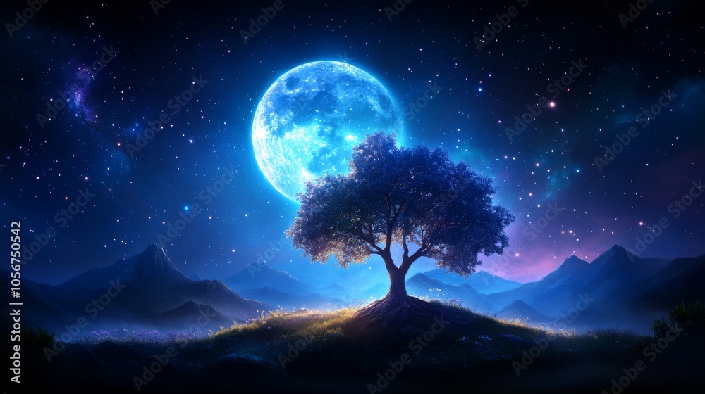 Mystical night landscape with a glowing moon and tree