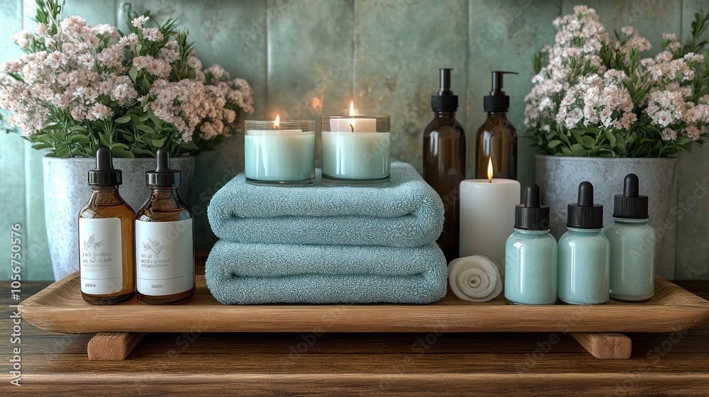 Spa arrangement with candles, towels, and essential oils. Spa arrangement with candles, towels, and essential oils.