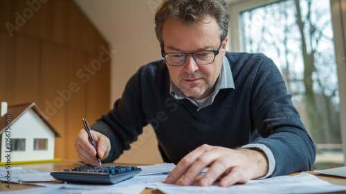 A person calculating expenses with a calculator beside a house model, surrounded by financial documents.