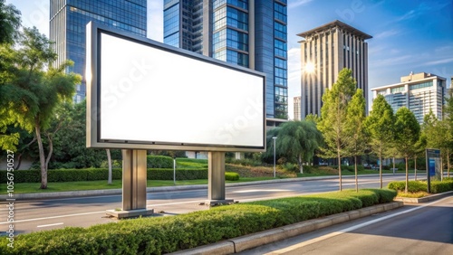 Wallpaper Mural A blank billboard stands prominently on a busy urban street, surrounded by lush greenery and modern skyscrapers. Torontodigital.ca