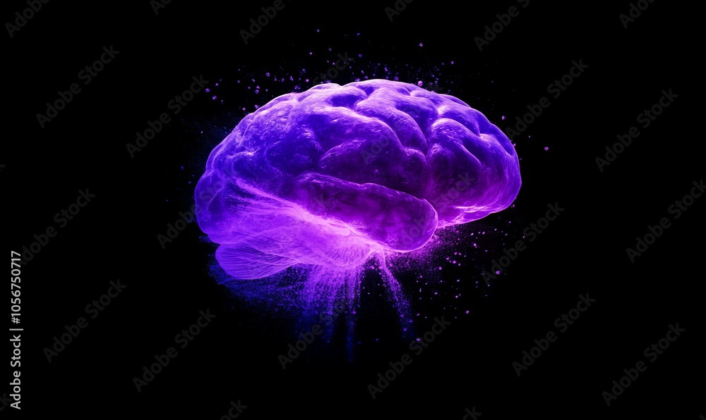 A glowing purple brain illuminated with vibrant particles, symbolizing intelligence, creativity, and futuristic technology A glowing purple brain illuminated with vibrant particles, symbolizing intelligence, creativity, and futuristic technology