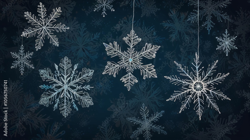 A beautiful and festive set of Christmas snowflakes displayed on a dark blue background. Each snowflake is unique, featuring intricate patterns and designs that evoke the magic of winter.
