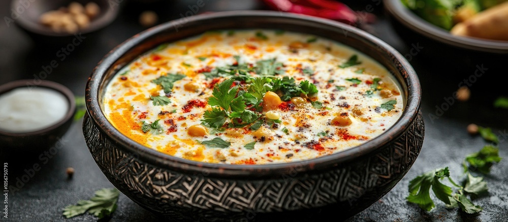 Indian Cuisine Kadhi Vegetarian Curry Made Of Buttermilk And Chick Pea Flour Served In A Bowl Or Karahi Over Moody Background Selective Focus