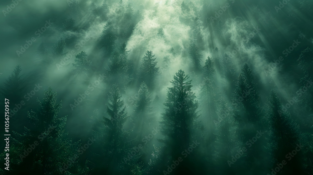 Misty Forest with Towering Pine Trees and Sunlight Filters Misty Forest with Towering Pine Trees and Sunlight Filters