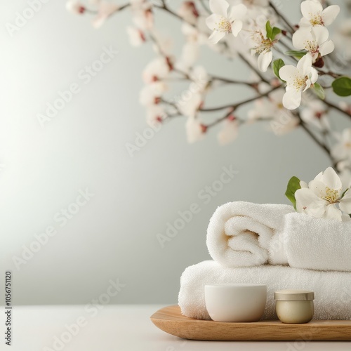 A white towel is stacked on top of two other white towels. The towels are on a wooden tray with a vase and a jar on it. Concept of relaxation and comfort