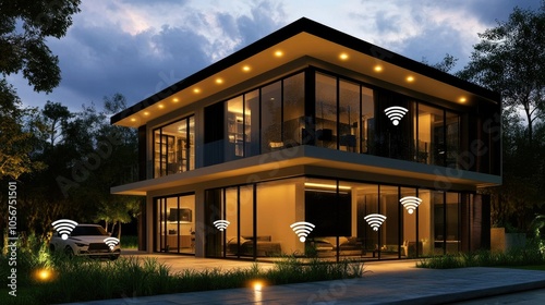 Illustration of a modern house with glowing Wi-Fi and IoT symbols, connected to cloud storage, showing smart technology integration.