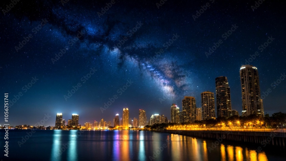 Fototapeta premium Captivating Night Photography of Urban Landscapes with Starry Skies, City Lights, and Vibrant Colors for Stunning Visuals and Mood Enhancement in Nighttime Settings