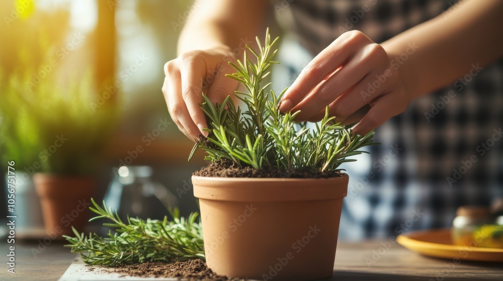 Close-up of a woman s hands gently adding soil to a pot with rosemary Close-up of a woman s hands gently adding soil to a pot with rosemary