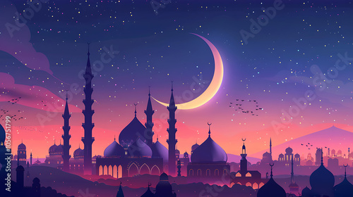 A beautiful silhouette of a mosque with stars under the moon, in the style of ornamental structures.
