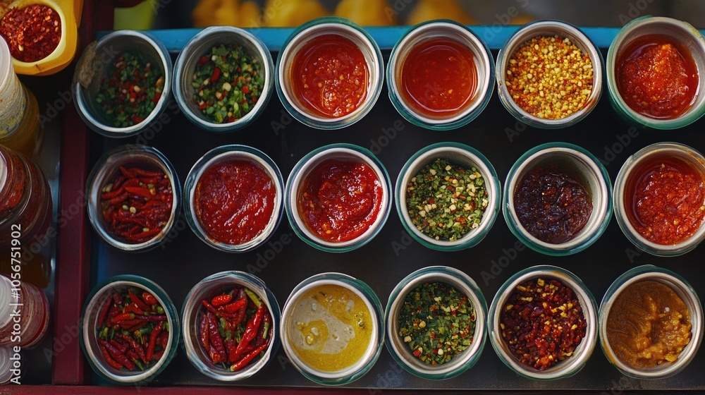 Colorful Array of Spices and Sauces in Small Bowls Colorful Array of Spices and Sauces in Small Bowls