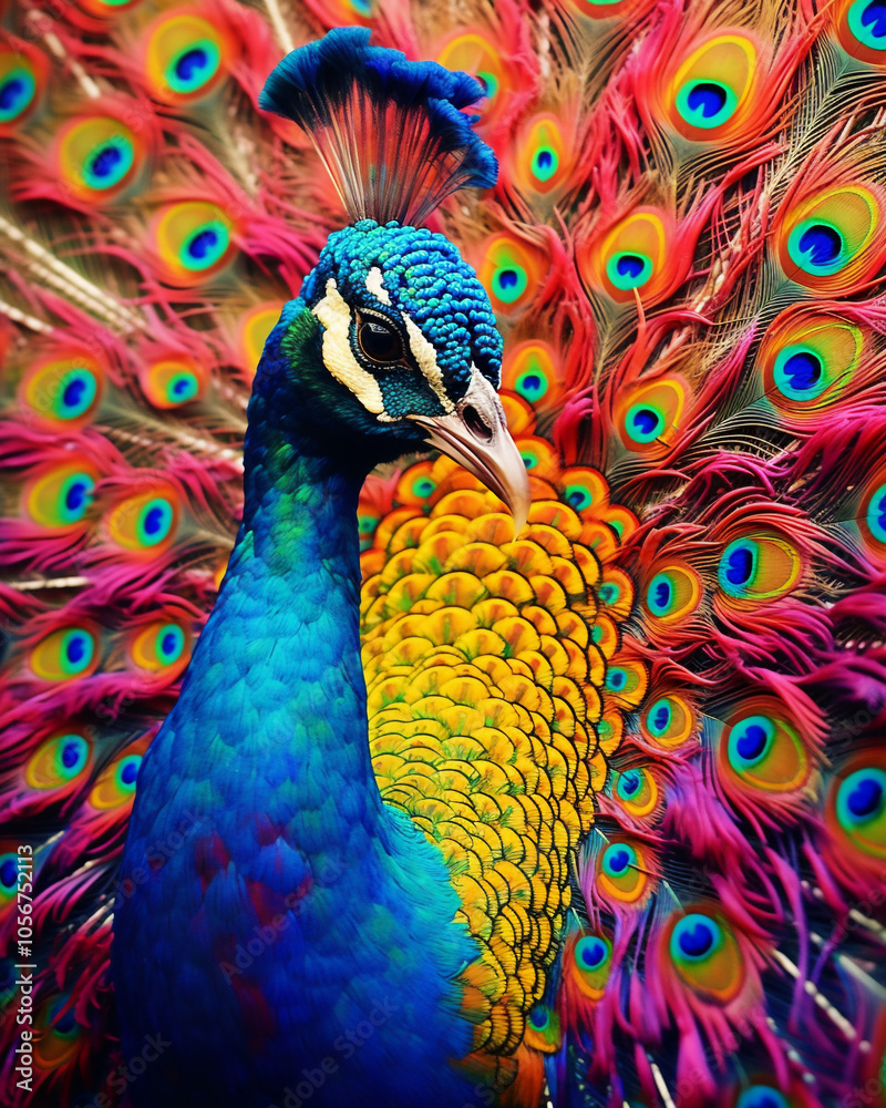 Fototapeta premium Gift a friend a multicolor peacock with a delightful Animal Kingdom Prints