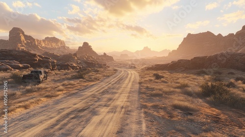 Scenic Desert Road at Sunset with Vehicle