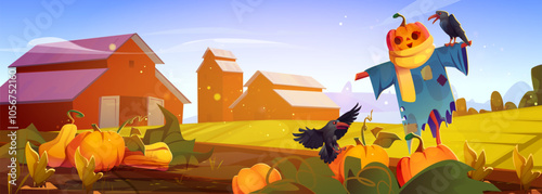 Cartoon autumn scene with pumpkin patch and whimsical scarecrow. Rural landscape with red barns, golden fields and black crows. Halloween garden display with harvest elements and spooky decorations.