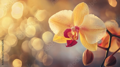 Close-up of a yellow orchid with red accents blooming in a controlled environment, photo