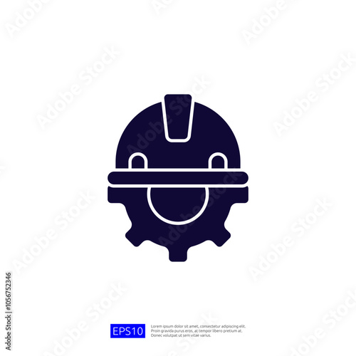 The image depicts a stylized hard hat integrated with a gear, symbolizing construction and engineering. It represents safety and industrial work environments.