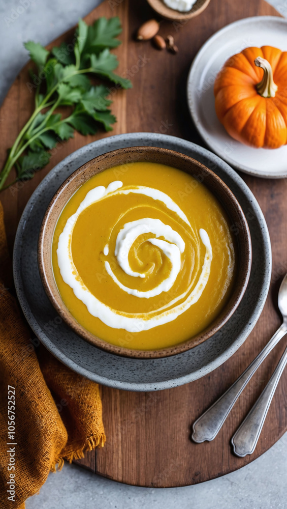 Organic pumpkin soup with a swirl of coconut cream served in a rustic bowl Organic pumpkin soup with a swirl of coconut cream served in a rustic bowl