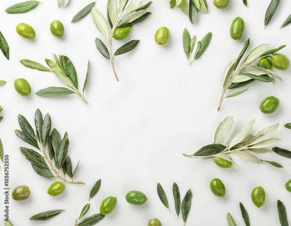 Naklejka premium Fresh Olive Fruit Borders A Green Perspective on White Background