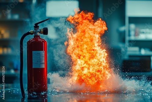 Fire extinguisher with flame, smoke in kitchen setting, safety and emergency response.