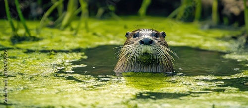 One Mustachioed Nutria Floats In The Mud And Blooming Water Green Color Of Water Environmental Pollution