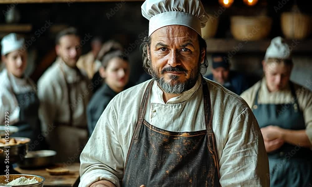 A chef preparing food in a rustic kitchen setting. A chef preparing food in a rustic kitchen setting.