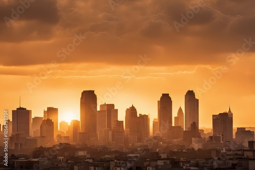 A golden sunset sky over a cityscape casting a warm glow on tall buildings, Ai Generated