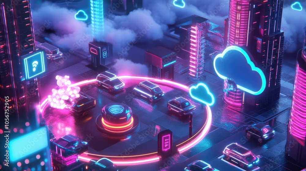 Neon-colored smart home icon with devices connected through IoT, linking to cloud storage in the sky, surrounded by data transfer signals. Neon-colored smart home icon with devices connected through IoT, linking to cloud storage in the sky, surrounded by data transfer signals.
