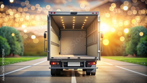 An empty delivery truck, back doors ajar, captured in a dreamy bokeh, conveys the silent narrative of logistics and transportation in a tranquil setting.