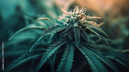 Close-up view of a cannabis bud with detailed textures and rich colors,