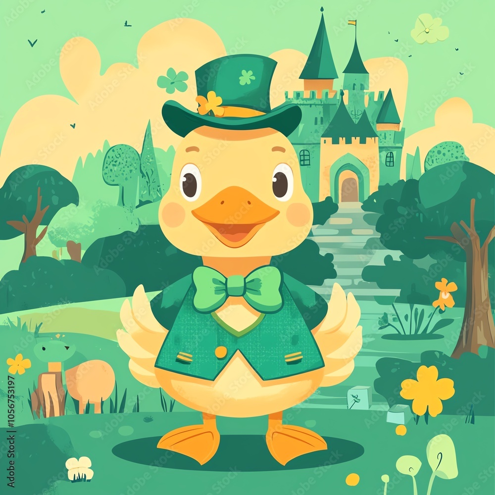 Naklejka premium Cute woodland creatures, duck in shamrock bowtie and festive outfit, mini castle in the background, flat design illustration