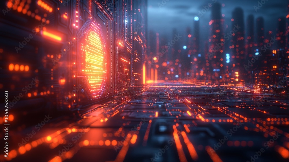 Fototapeta premium Futuristic digital landscape with glowing circuitry and structures.