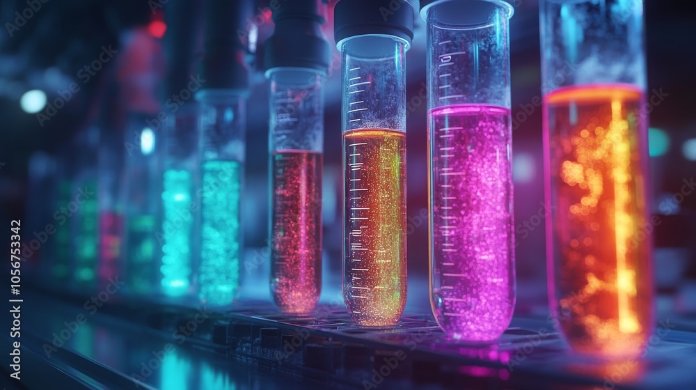 A Row of Glass Tubes Filled with Colorful Liquid in a Laboratory Setting A Row of Glass Tubes Filled with Colorful Liquid in a Laboratory Setting