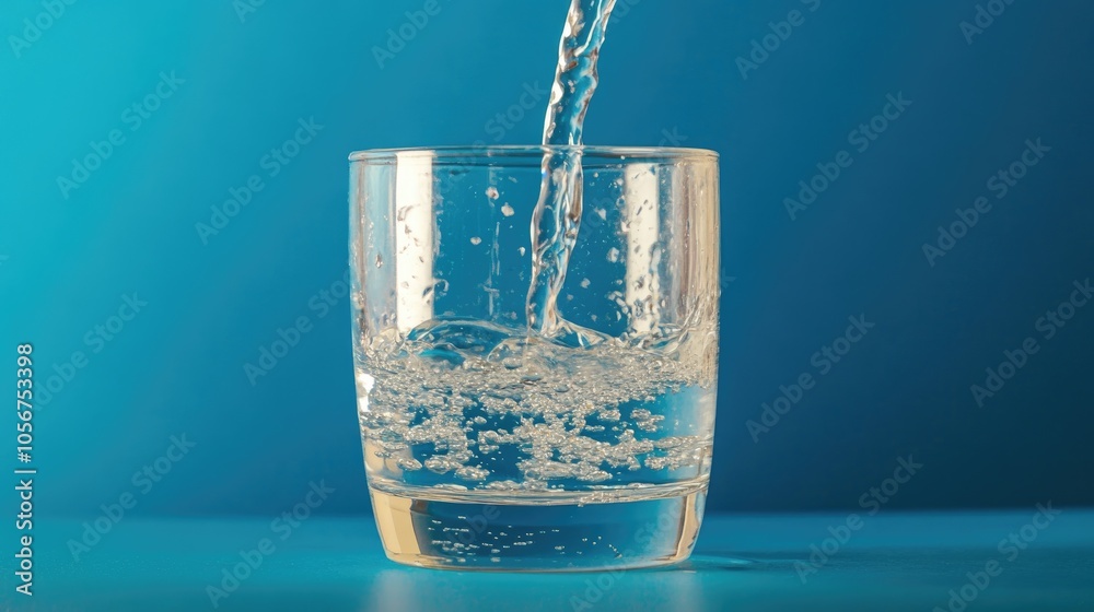 Clear water being poured into a glass with a blue backdrop Clear water being poured into a glass with a blue backdrop