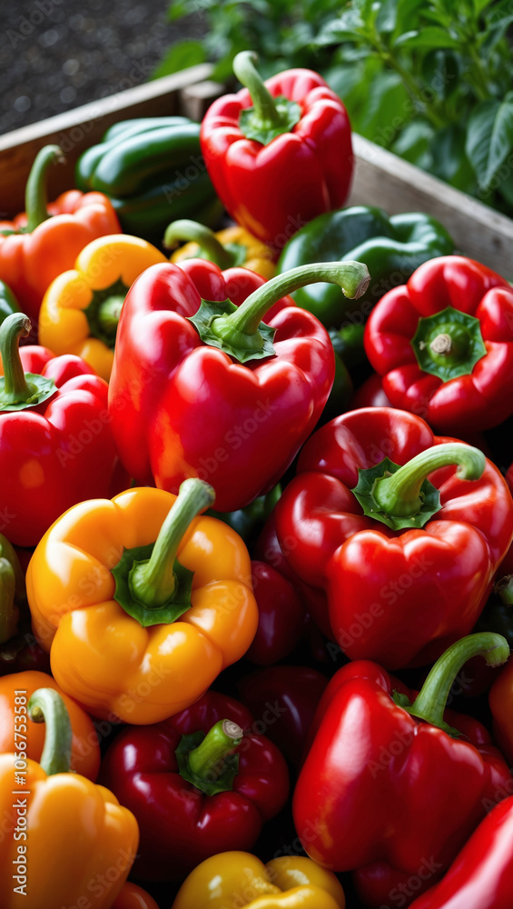 A close-up of organic bell peppers in bright colors freshly harvested A close-up of organic bell peppers in bright colors freshly harvested