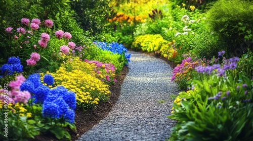 Fototapeta Naklejka Na Ścianę i Meble -  Delightful garden path surrounded by vibrant flowers and carefully