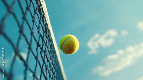 A tennis ball bouncing high off the court with the net in the background.