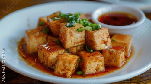 Snack And Dessert Chinese Traditional Deep Fried Tofu Or Fried Bean Curd Served With Sweet And Sour Spicy Sauce