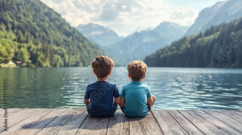 Two young boys are sitting on a dock by a lake, looking out at the water