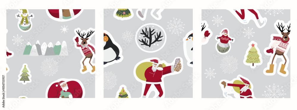 Set of seamless patterns, Merry Christmas and Happy New Year! New year symbols, backgrounds with Sports Santa. Hand drawn vector illustration. Set of seamless patterns, Merry Christmas and Happy New Year! New year symbols, backgrounds with Sports Santa. Hand drawn vector illustration.