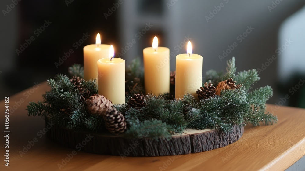 Contemporary handcrafted advent wreath featuring four candles lit each Sunday leading up to Christmas A festive DIY holiday decoration
