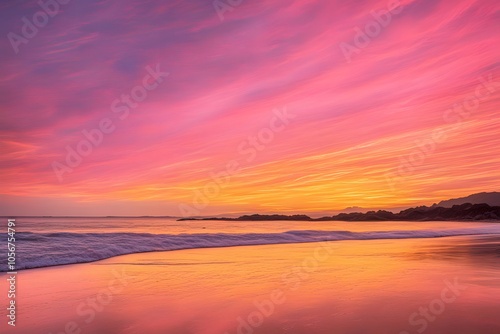 A golden yellow sky with streaks of pink as the sun sets over a beach, Ai generated