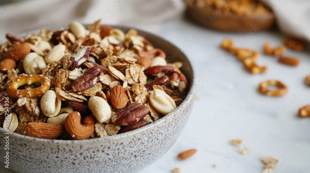Homemade trail mix made of cereal nuts and pretzels presented on a light surface Homemade trail mix made of cereal nuts and pretzels presented on a light surface