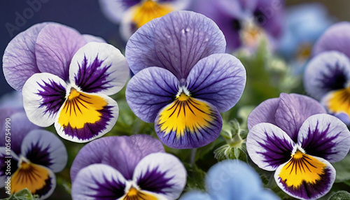 Light blue, purple flowers of tricolor violets, pansies. Close-up, natural background.